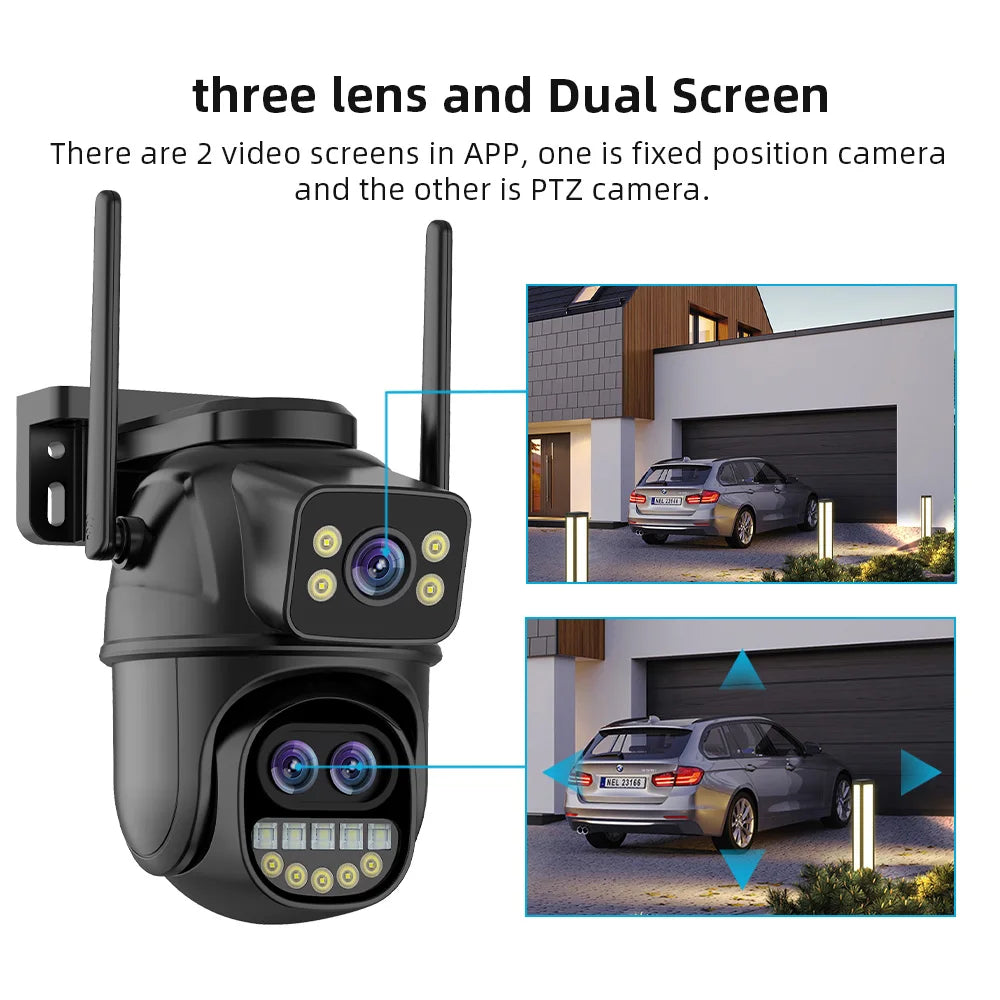 6K 12MP Security Camera 8X Zoom Three Lens Dual Screen Outdoor WiFi Home Protection 8MP IP Cam PTZ CCTV Video Surveillance Icsee