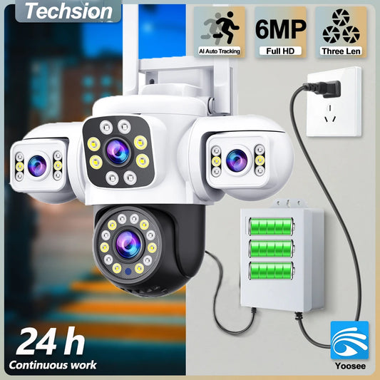 6MP UPS WIFI Camera Outdoor Three Lens Three Screen PTZ Cam AI Auto Tracking Video Surveillance Works Even When The Power Is Out