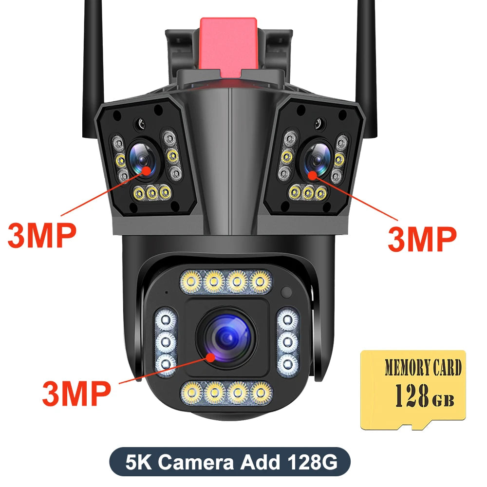 9MP 5K HD WiFi Camera Three Lens Three Screen 10X Zoom PTZ Cameras Outdoor Home Security Protection 4MP Surveillance Waterproof