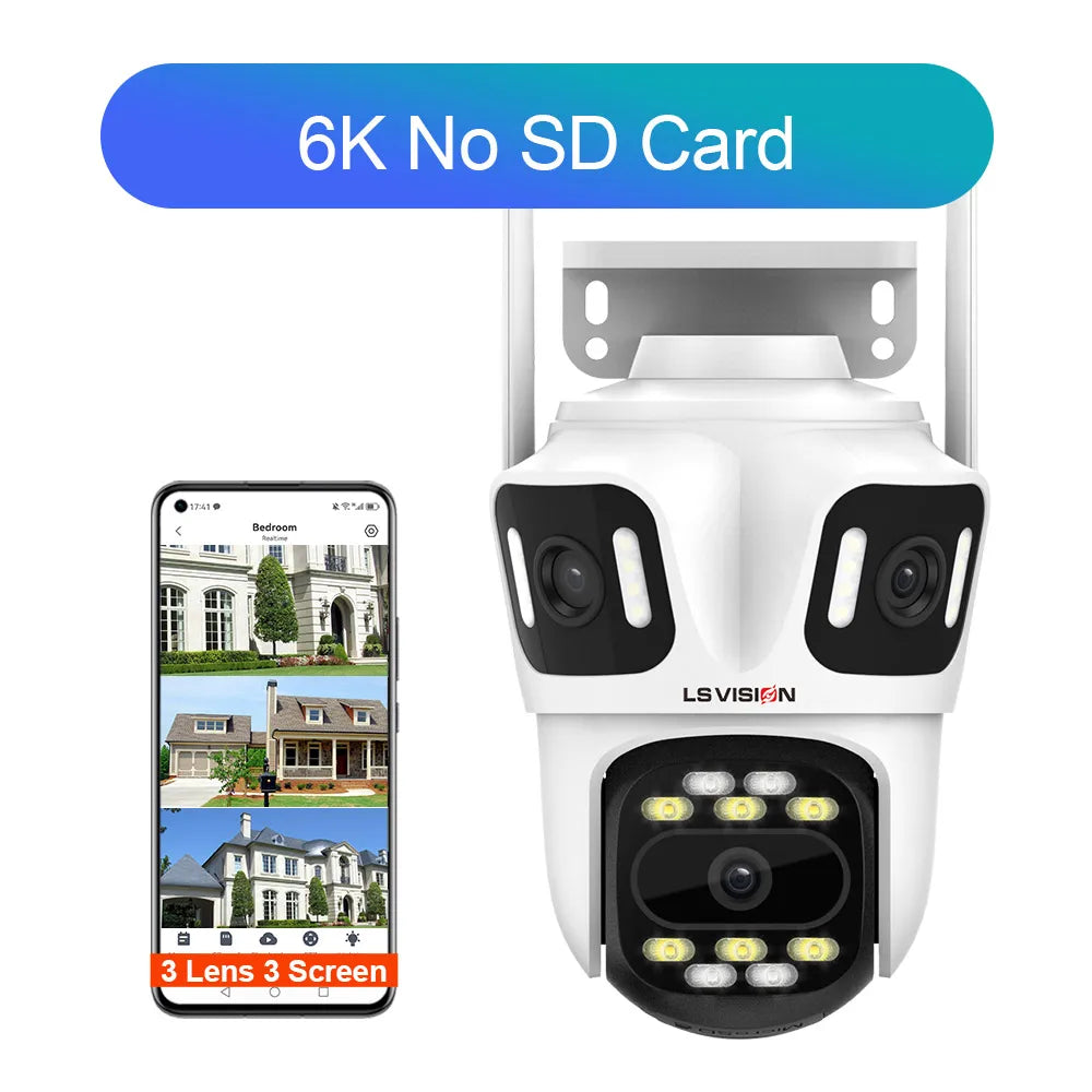 LS VISION 12MP 6K Three Screens WiFi Linkage Camera Outdoor Three Lens PTZ Auto Tracking Security Cameras Alexa iCSee App