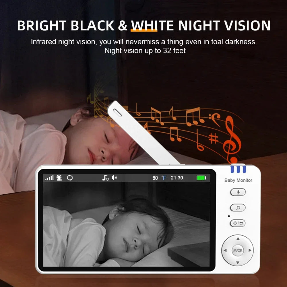 5.0''IPS Screen Night Vision Baby Monitor Pan-Tilt-Zoom Camera Electronic Babysitter Two Way Talk Temperature lullaby SD Card