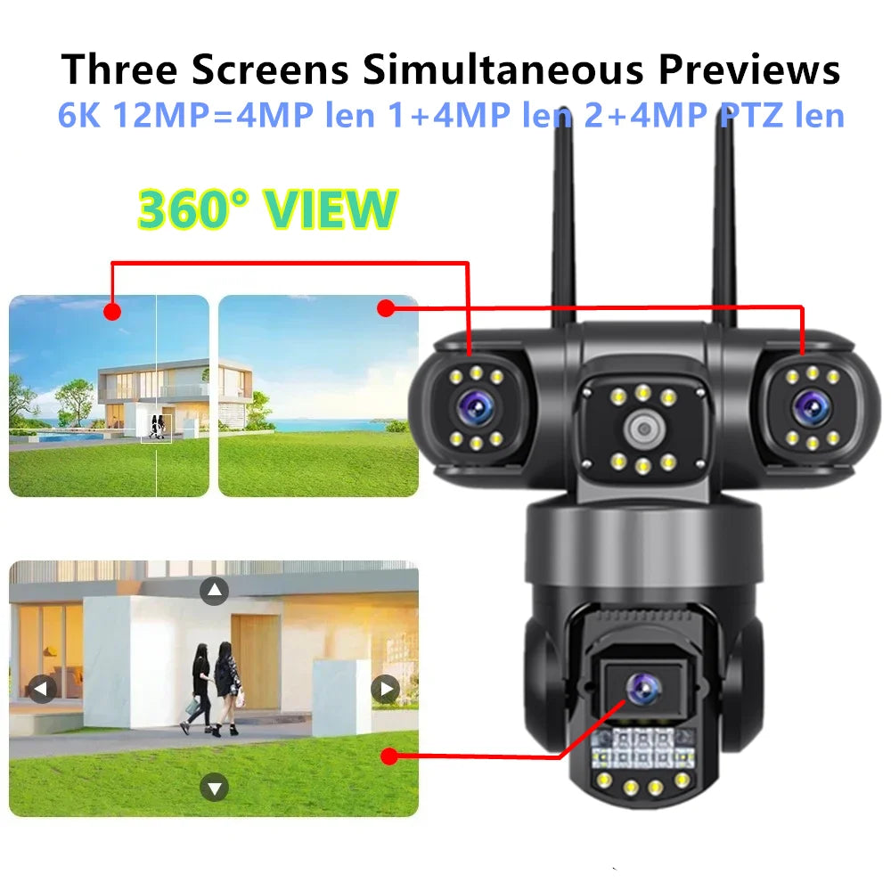 6K Three Screen WIFI IP Camera Outdoor 12MP 3-Lens PTZ Camera Human Detection IP66 Waterproof CCTV Video Security Cam