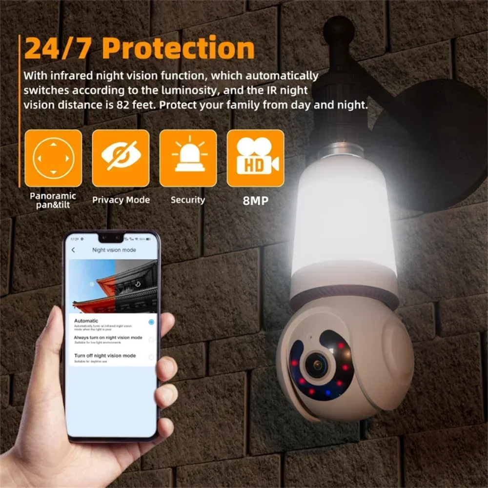 E27 Lamp Bulb Wifi IP Camera Wireless Surveillance Cameras 8MP PTZ Full Color Night Vision Security Protection Monitor Smart Cam