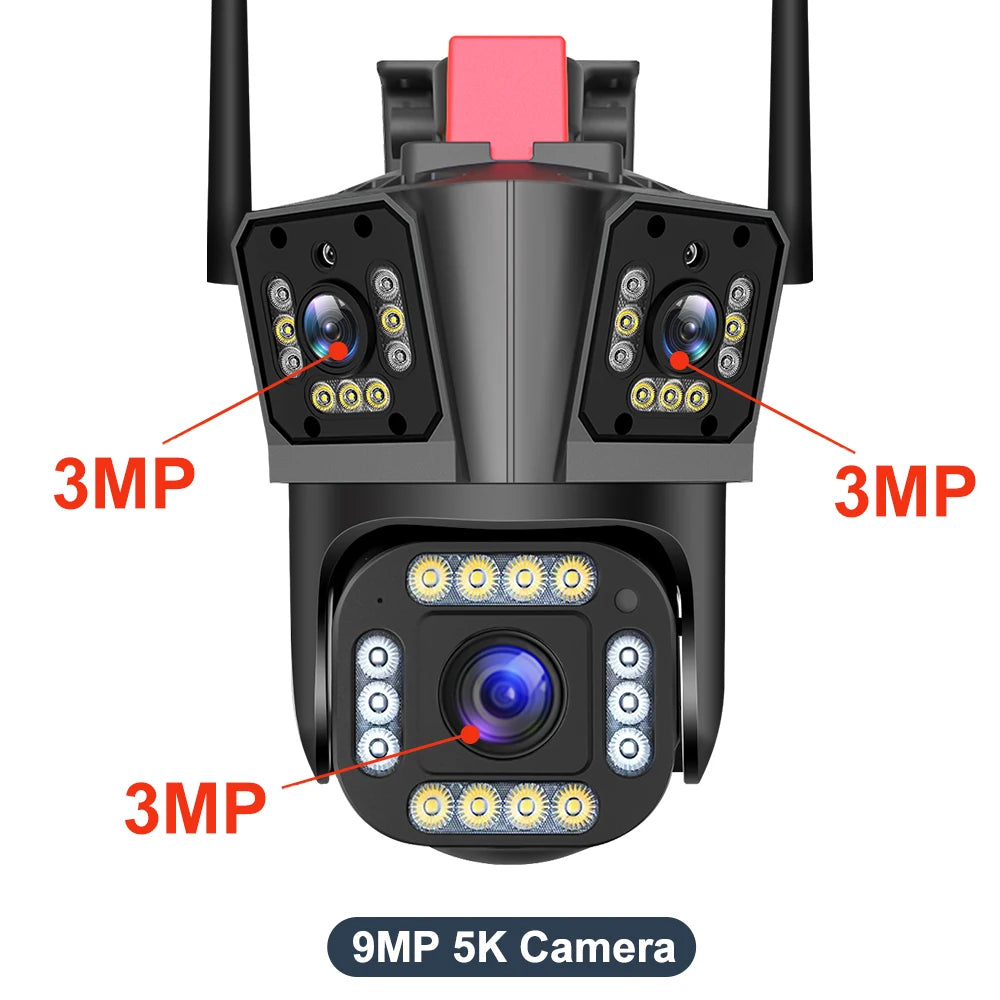 9MP 5K HD WiFi Camera Three Lens Three Screen 10X Zoom PTZ Cameras Outdoor Home Security Protection 4MP Surveillance Waterproof