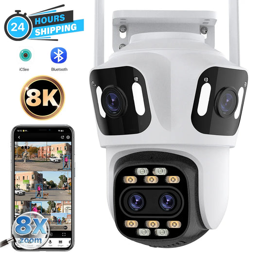 8K PTZ Wifi IP Camera Four Lens AI Human Detect 4K WIFI Dual Screen Surveillance CCTV Camera Security Protection Waterpoor iCSee